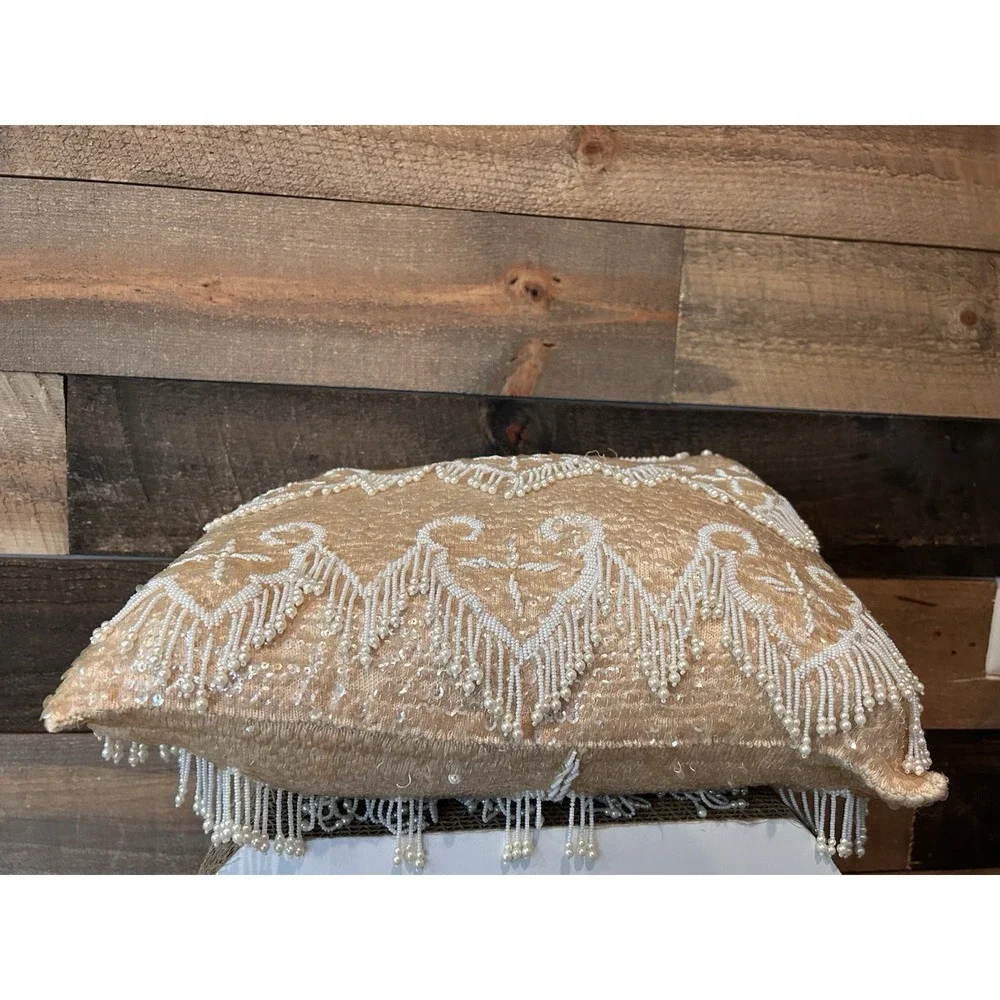 Beaded Decorative Pillow Champaign Tan‎ Ivory Beads Sequence, 14